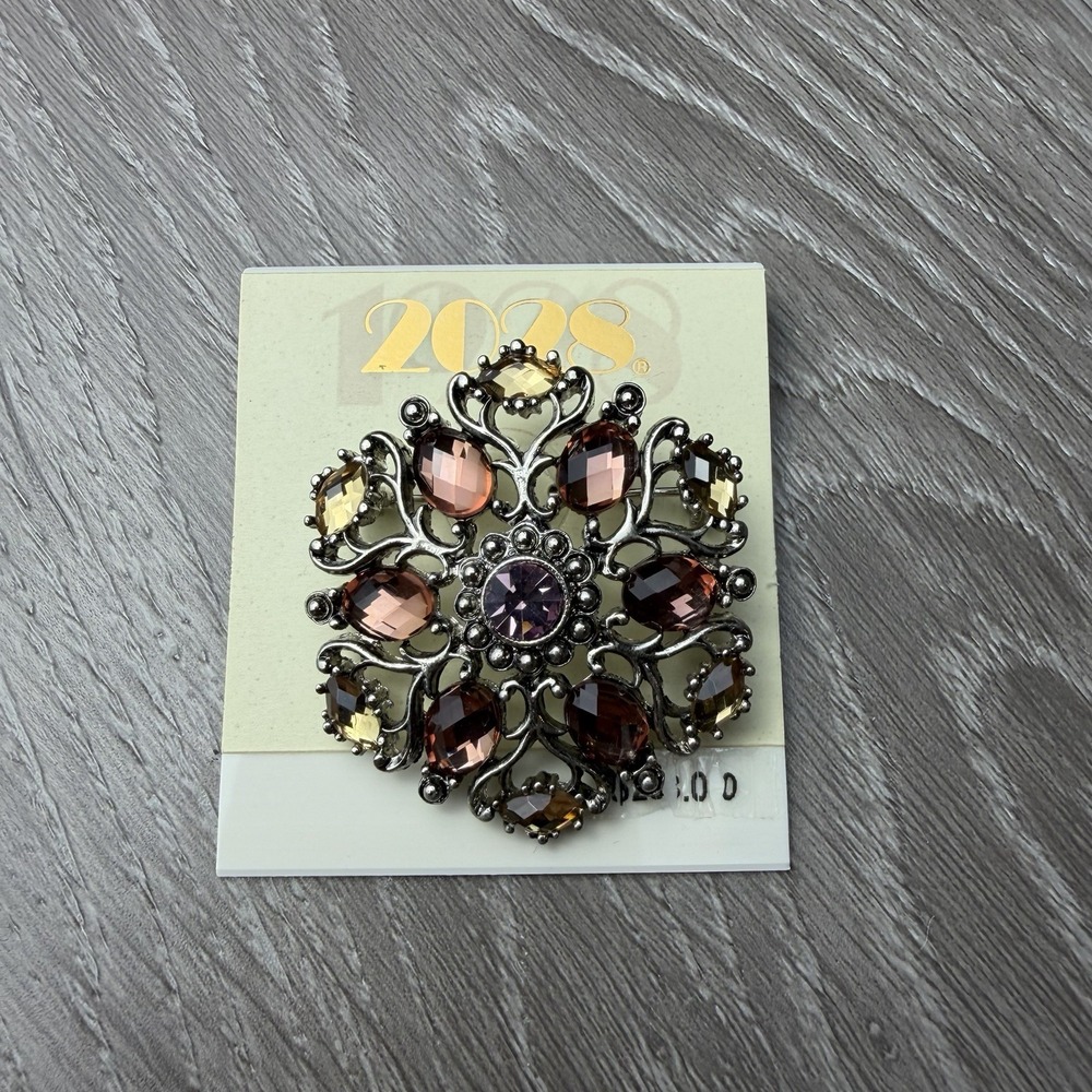 2028 Jewelry Silver Tone Purple Amethyst Topaz Rhinestone Filigree Brooch Pin